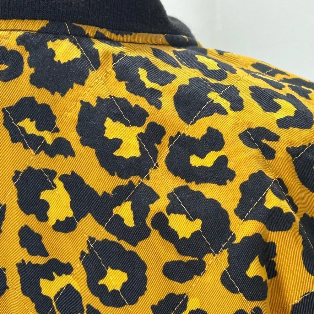 H&M Leopard Print‎ Bomber Jacket Mustard Yellow Black Quilted Full Zip Women M